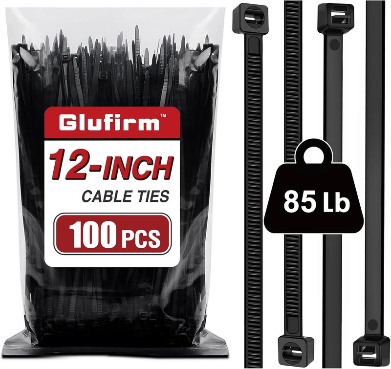 Glufirm رباطات سحاب 12 بوصة (100 عبوة)، مزدوجة الجوانب بأسنان، 85 رطل، توفر قوة شد 1.7X بنفس المواصفات، رباطات كابلات سوداء، رباطات سلكية ثقيلة - Image 1